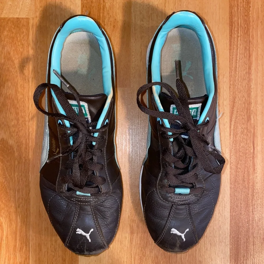 Puma Turin Leather and Suede Chocolate and Aqua Women’s Sneakers 8.5 - Picture 3 of 11